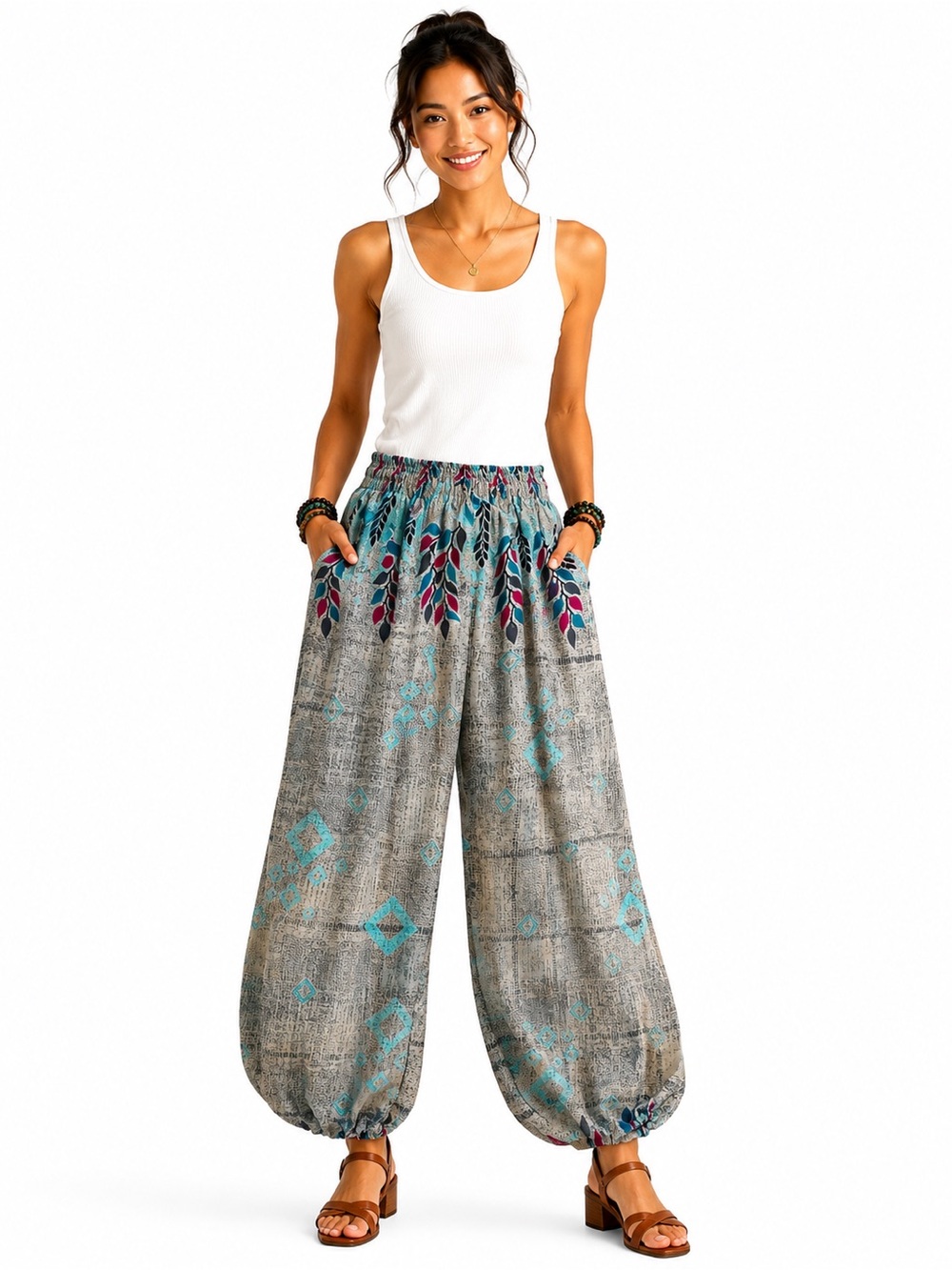 4F.New Boho Drawstring Harem Pants in Teal and Gray